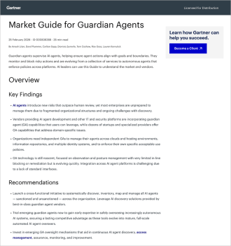 Screenshot of a Gartner report titled Market Guide for AI Agents and Guardian Agents, featuring overview and key findings sections, a sidebar promoting a free account, and images of five authors displayed at the top.