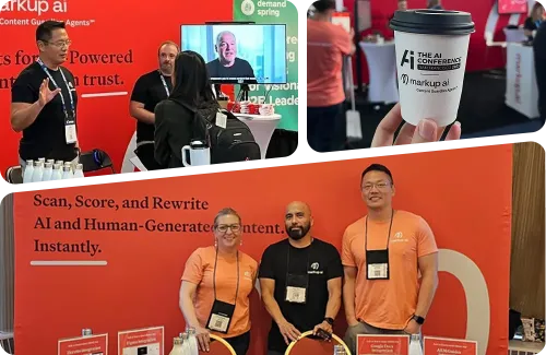 Collage: Who are we? People at a Markup AI conference booth, a coffee cup with the Markup AI logo, and three team members in orange shirts posing by an orange Markup AI banner.
