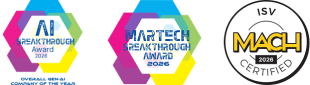 Three hexagon-shaped award badges highlight Who are we: recipients of the AI Breakthrough Award 2026, MarTech Breakthrough Award 2026, and ISV MACH Certified 2026. Each badge features colorful borders and distinct text, reflecting our commitment to innovation and excellence.