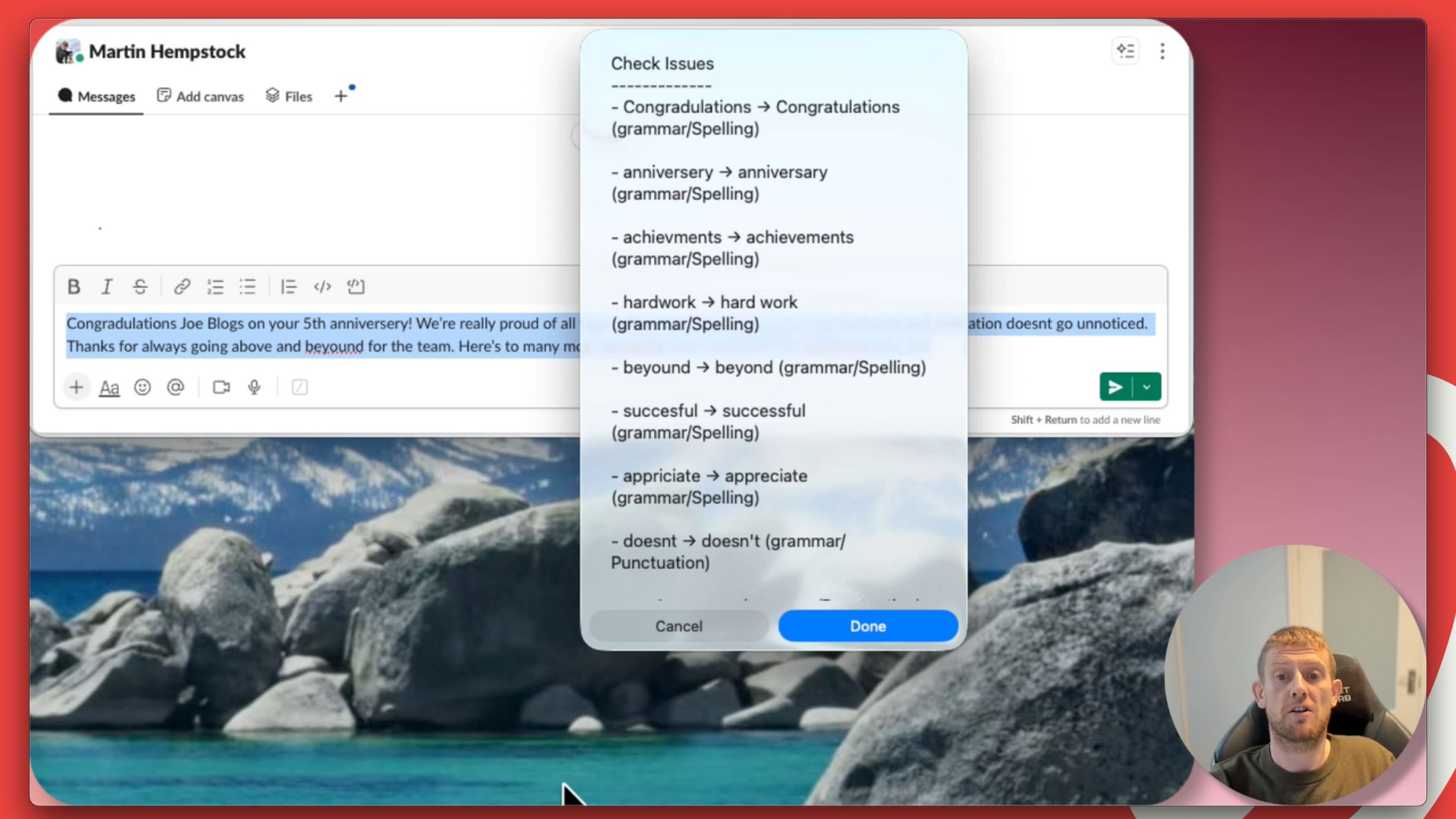 A screenshot of using Apple Shortcuts to rewrite content with Markup AI.