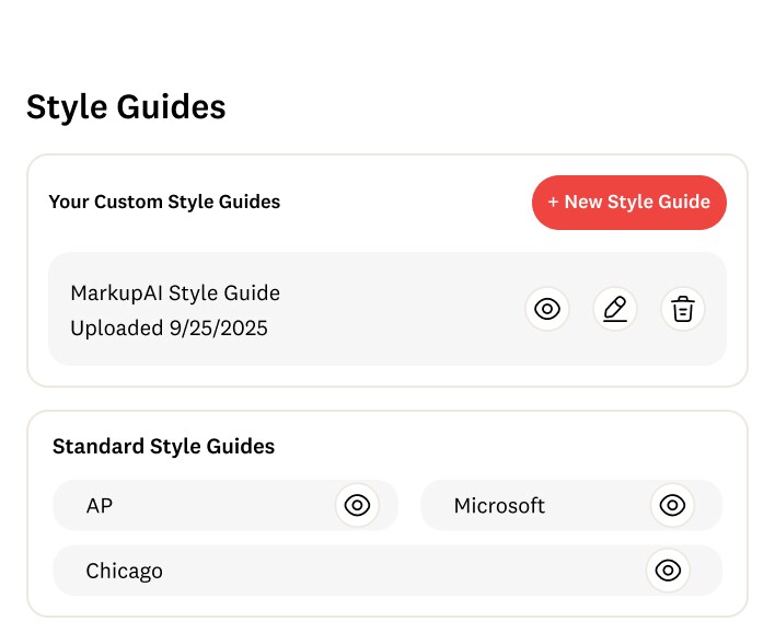 Dashboard that shows MarkupAI custom style guide and standard guides