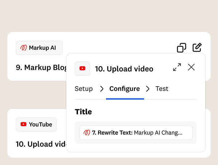 Zapier setup for Markup AI to fix content issues, showing a video upload configuration to Save Hours per Video with AI Automation for On-Brand YouTube and Blog Content.