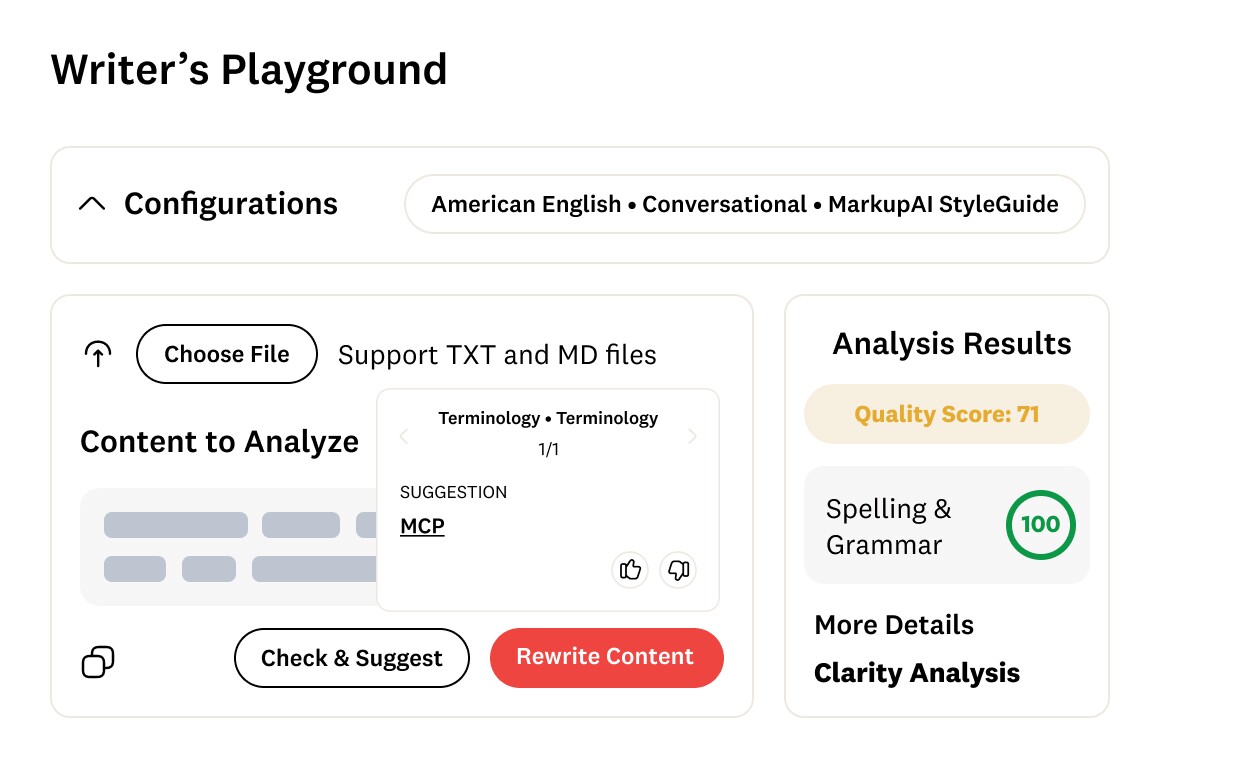 Interface showing content analysis with terminology suggestions